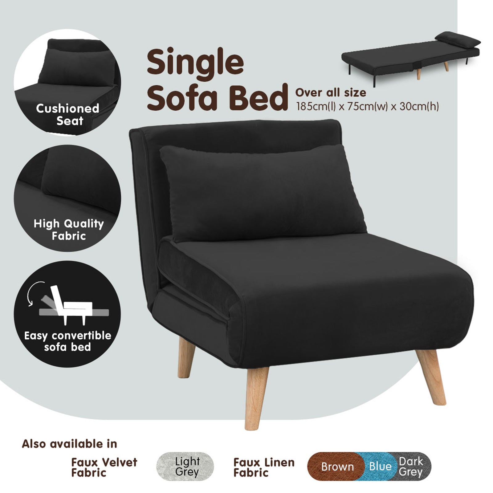 Sarantino Adjustable Chair Single Sofa Bed Faux Velvet - Black - Cosy Abode