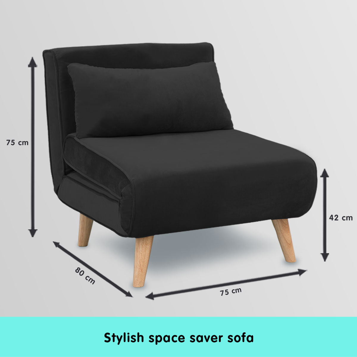 Sarantino Adjustable Chair Single Sofa Bed Faux Velvet - Black - Cosy Abode