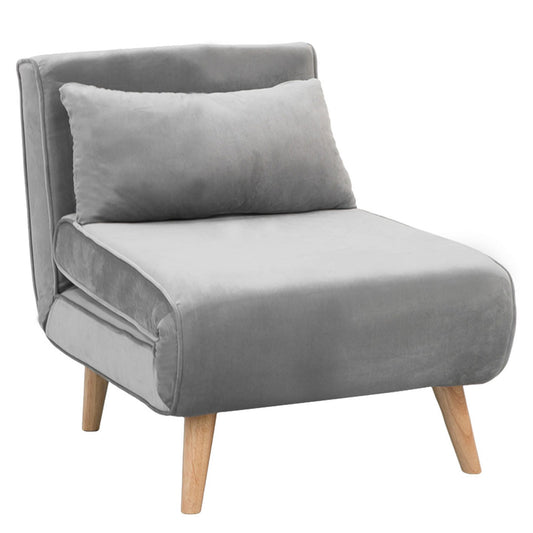 Sarantino Adjustable Chair Single Sofa Bed Faux Velvet - Light Grey - Cosy Abode