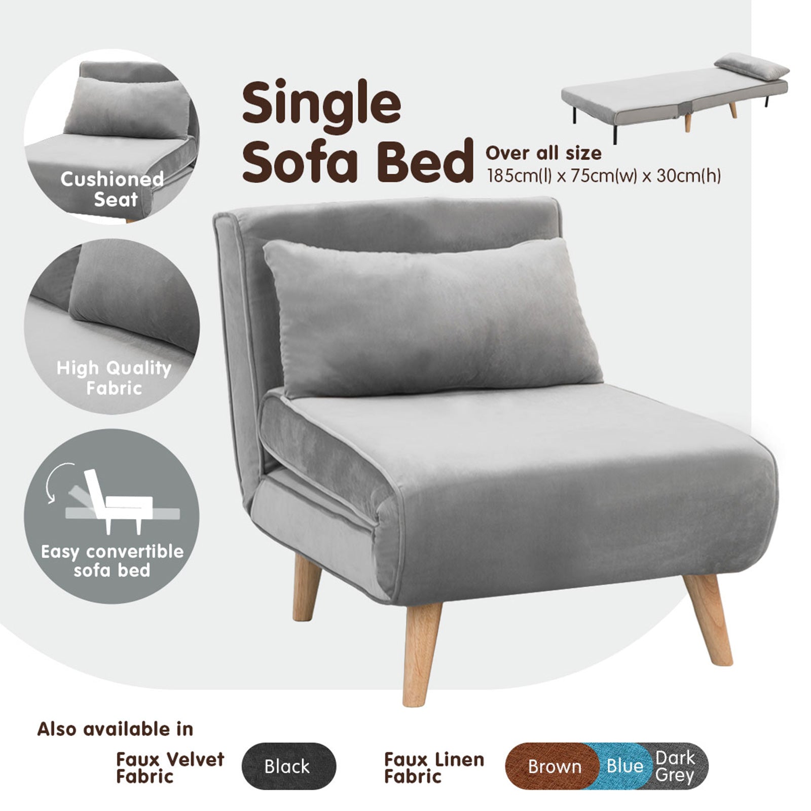 Sarantino Adjustable Chair Single Sofa Bed Faux Velvet - Light Grey - Cosy Abode