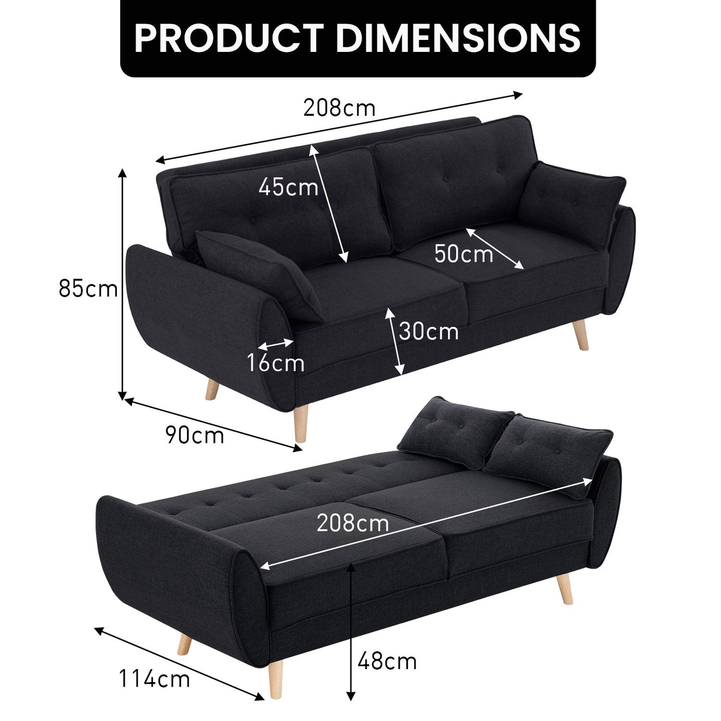 Sarantino 3 Seater Modular Linen Fabric Sofa Bed Couch Futon Suite - Black - Cosy Abode