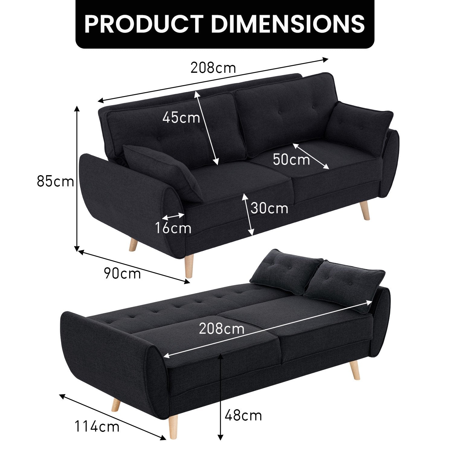 Sarantino 3 Seater Modular Linen Fabric Sofa Bed Couch Futon Suite - Black - Cosy Abode