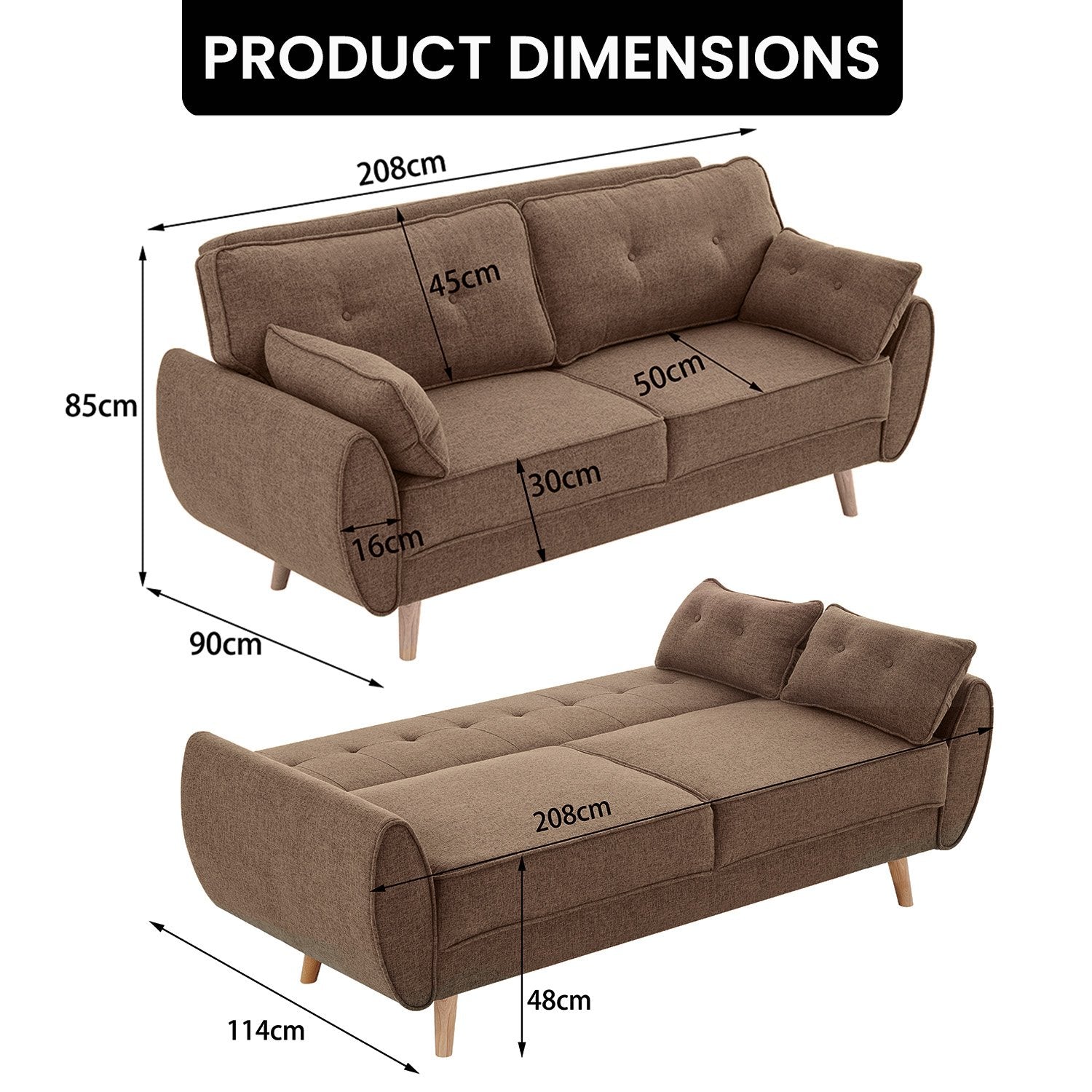 Sarantino 3 Seater Modular Linen Fabric Sofa Bed Couch Futon Suite - Brown - Cosy Abode
