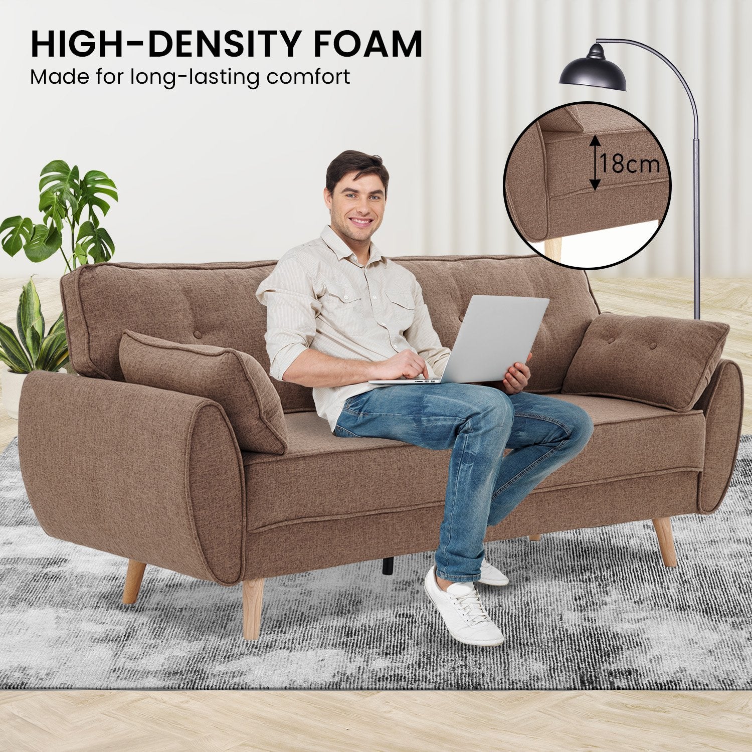 Sarantino 3 Seater Modular Linen Fabric Sofa Bed Couch Futon Suite - Brown - Cosy Abode
