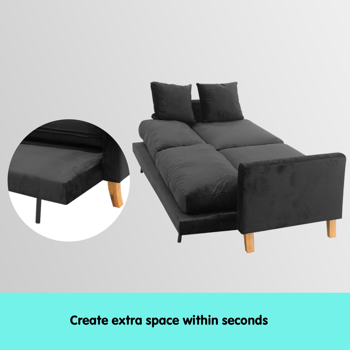 Sarantino 3 Seater Faux Velvet Wooden Sofa Bed Couch Furniture - Black - Cosy Abode