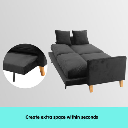Sarantino 3 Seater Faux Velvet Wooden Sofa Bed Couch Furniture - Black - Cosy Abode