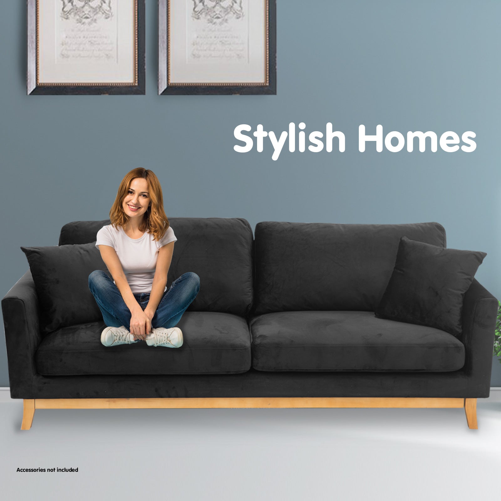 Sarantino 3 Seater Faux Velvet Wooden Sofa Bed Couch Furniture - Black - Cosy Abode