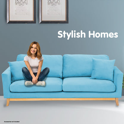 Sarantino 3 Seater Faux Velvet Wooden Sofa Bed Couch Furniture - Blue - Cosy Abode