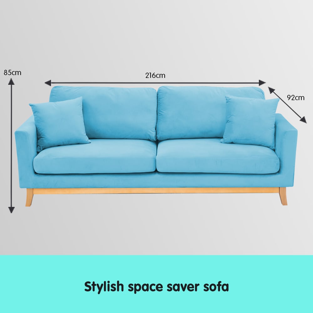 Sarantino 3 Seater Faux Velvet Wooden Sofa Bed Couch Furniture - Blue - Cosy Abode