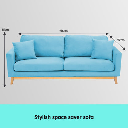 Sarantino 3 Seater Faux Velvet Wooden Sofa Bed Couch Furniture - Blue - Cosy Abode