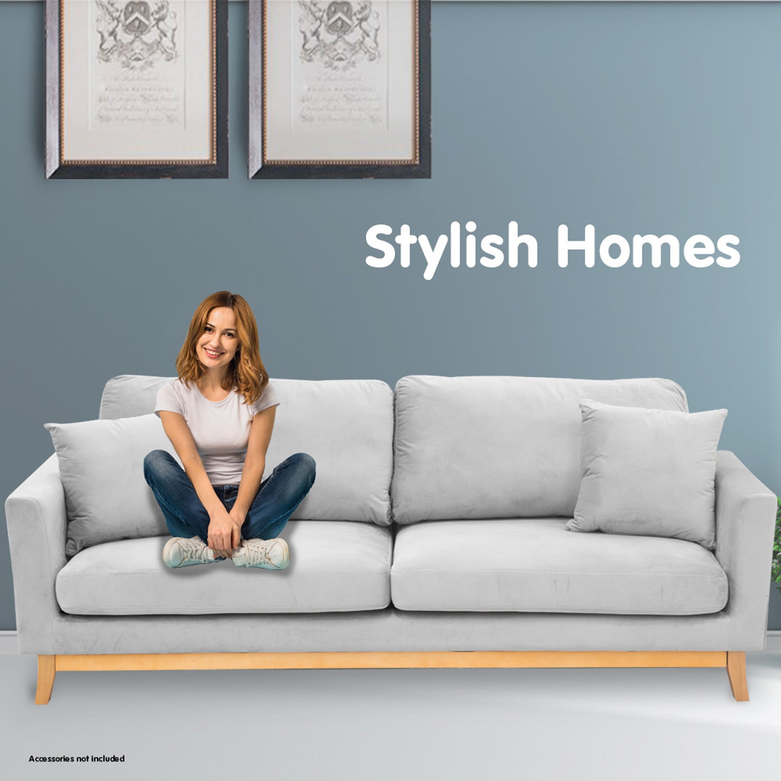 Sarantino 3 Seater Faux Velvet Sofa Bed Couch Furniture Light Grey - Cosy Abode