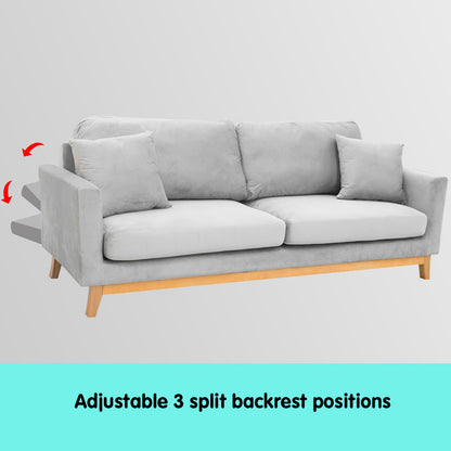 Sarantino 3 Seater Faux Velvet Sofa Bed Couch Furniture Light Grey - Cosy Abode