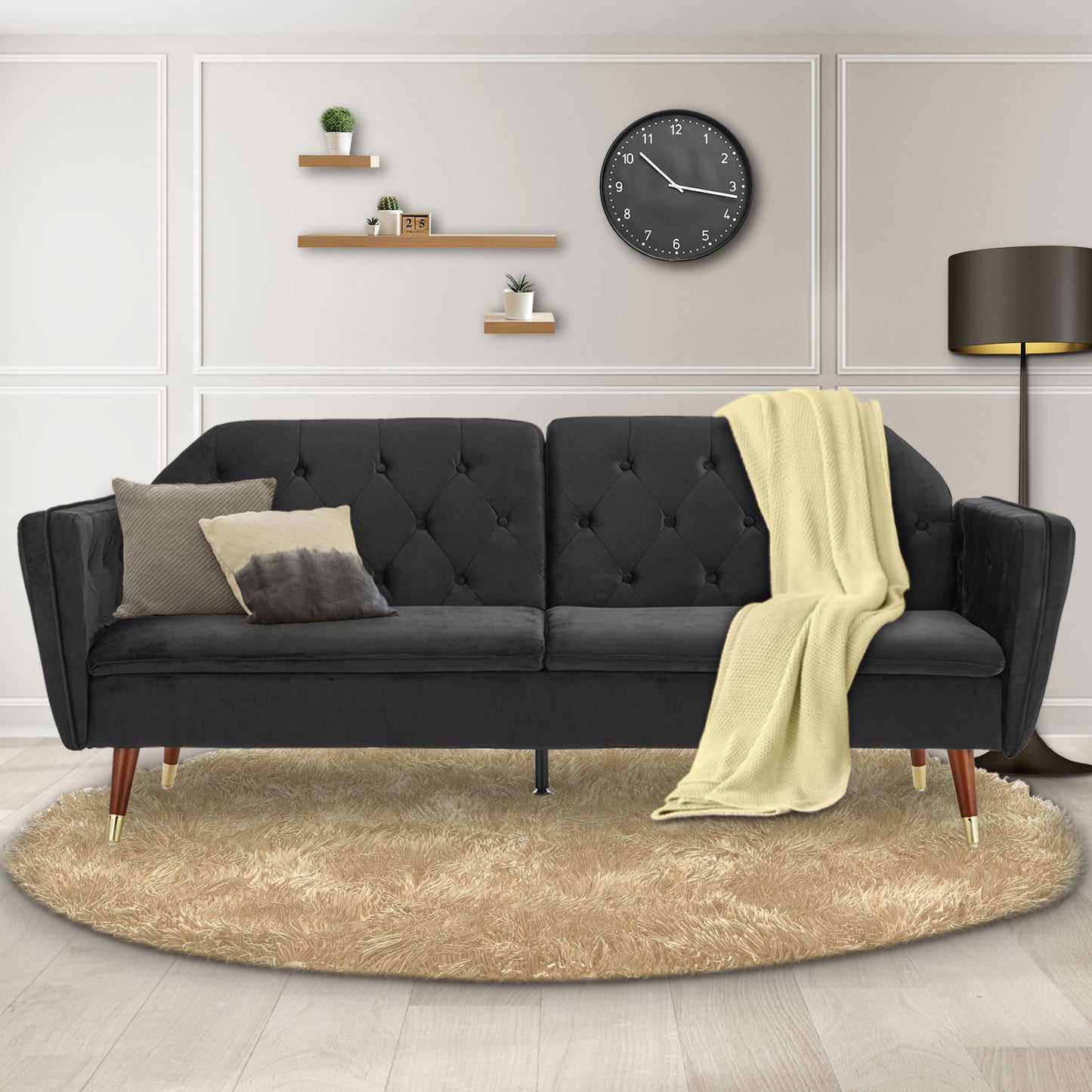 Sarantino Faux Velvet Tufted Sofa Bed Couch Futon - Black - Cosy Abode