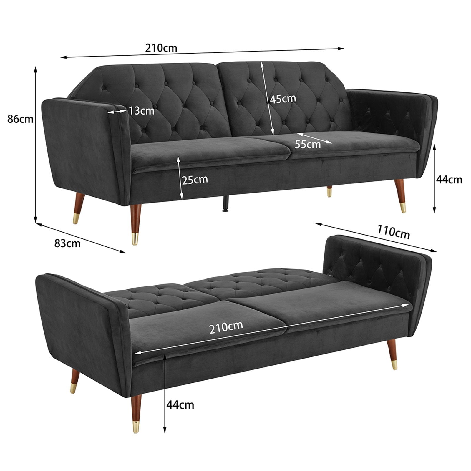 Sarantino Faux Velvet Tufted Sofa Bed Couch Futon - Black - Cosy Abode