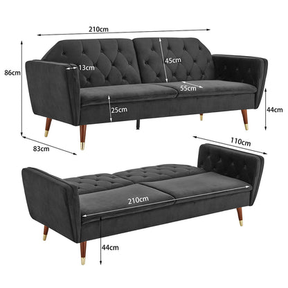 Sarantino Faux Velvet Tufted Sofa Bed Couch Futon - Black - Cosy Abode