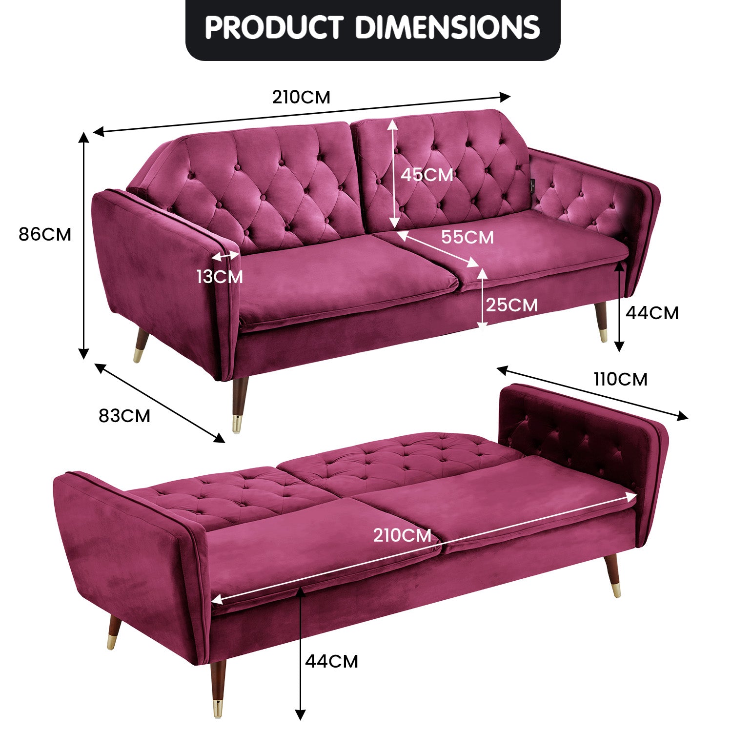 Sarantino Faux Velvet Tufted Sofa Bed Couch Futon - Burgundy - Cosy Abode
