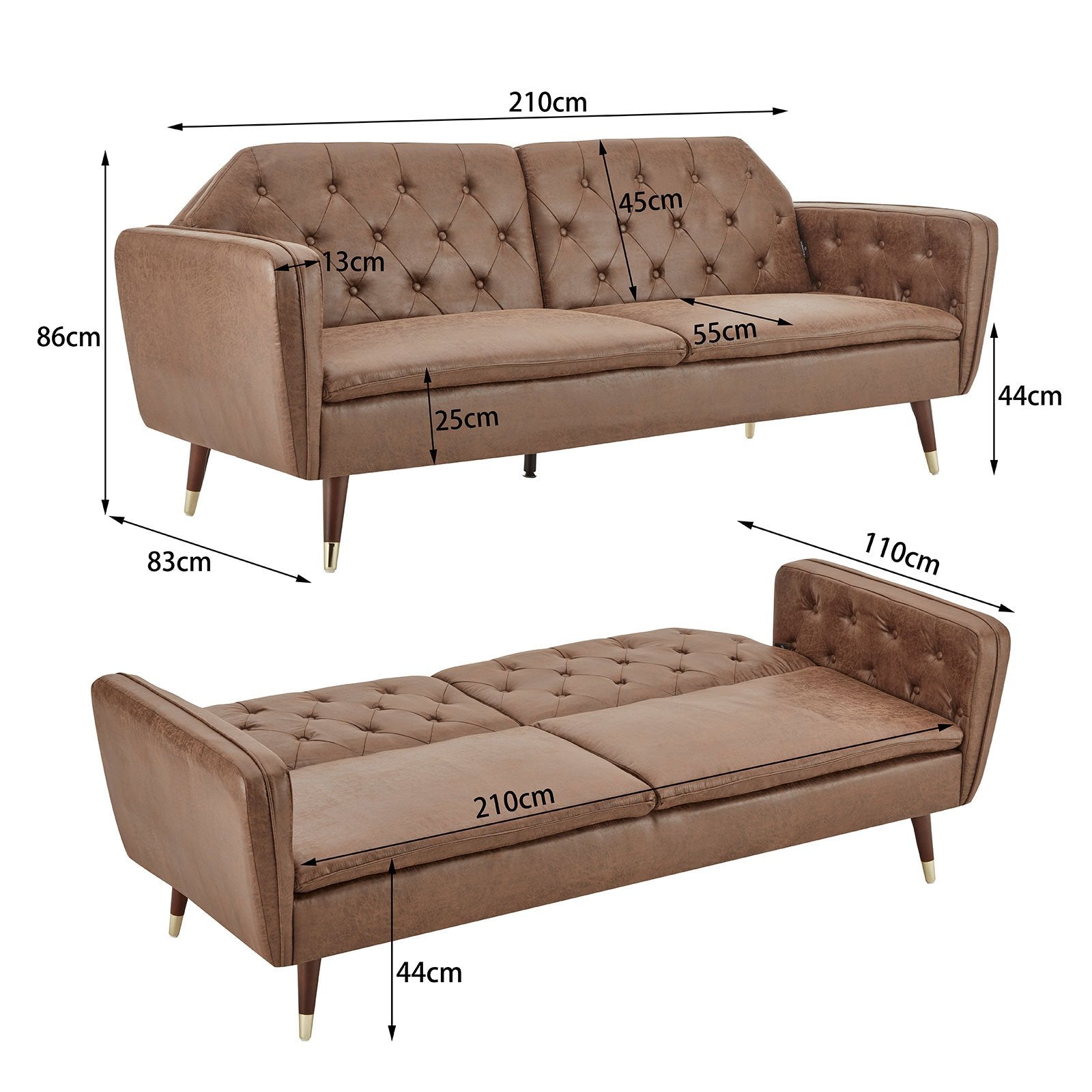 Sarantino Faux Velvet Tufted Sofa Bed Couch Futon - Brown - Cosy Abode