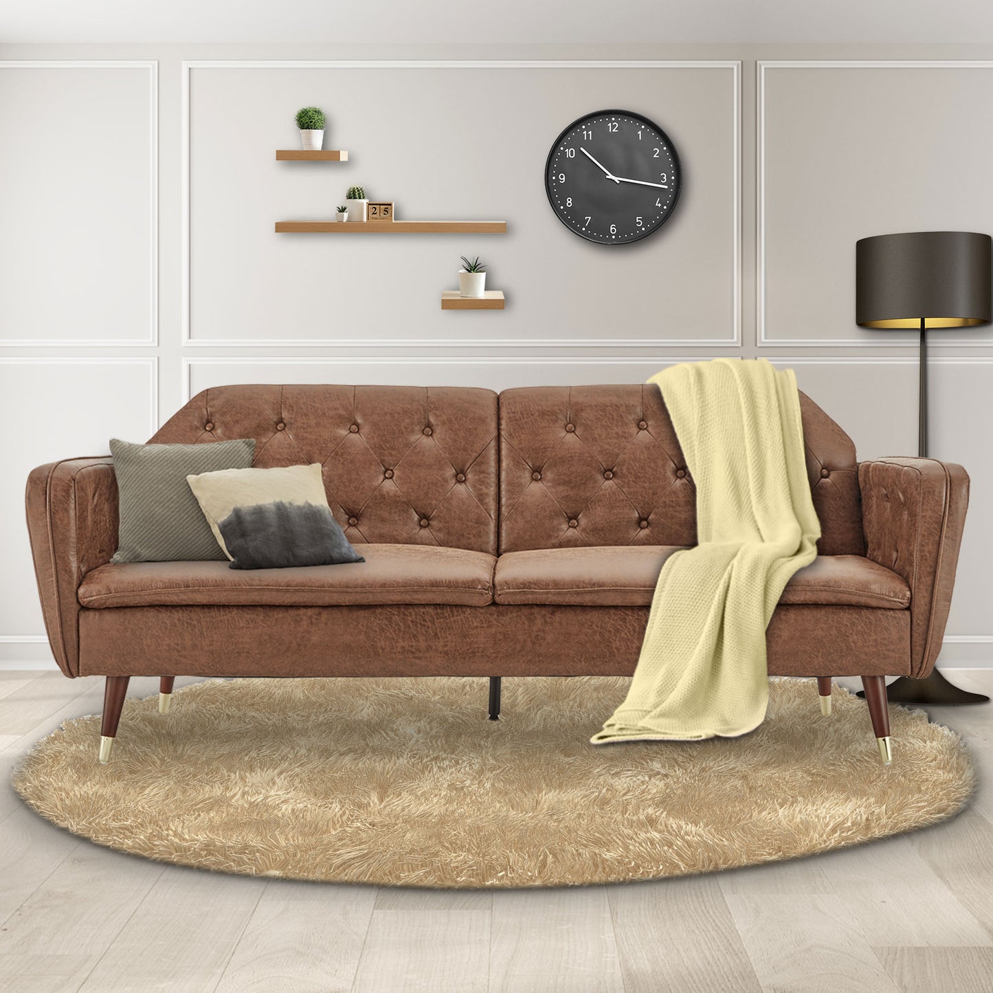 Sarantino Faux Velvet Tufted Sofa Bed Couch Futon - Brown - Cosy Abode