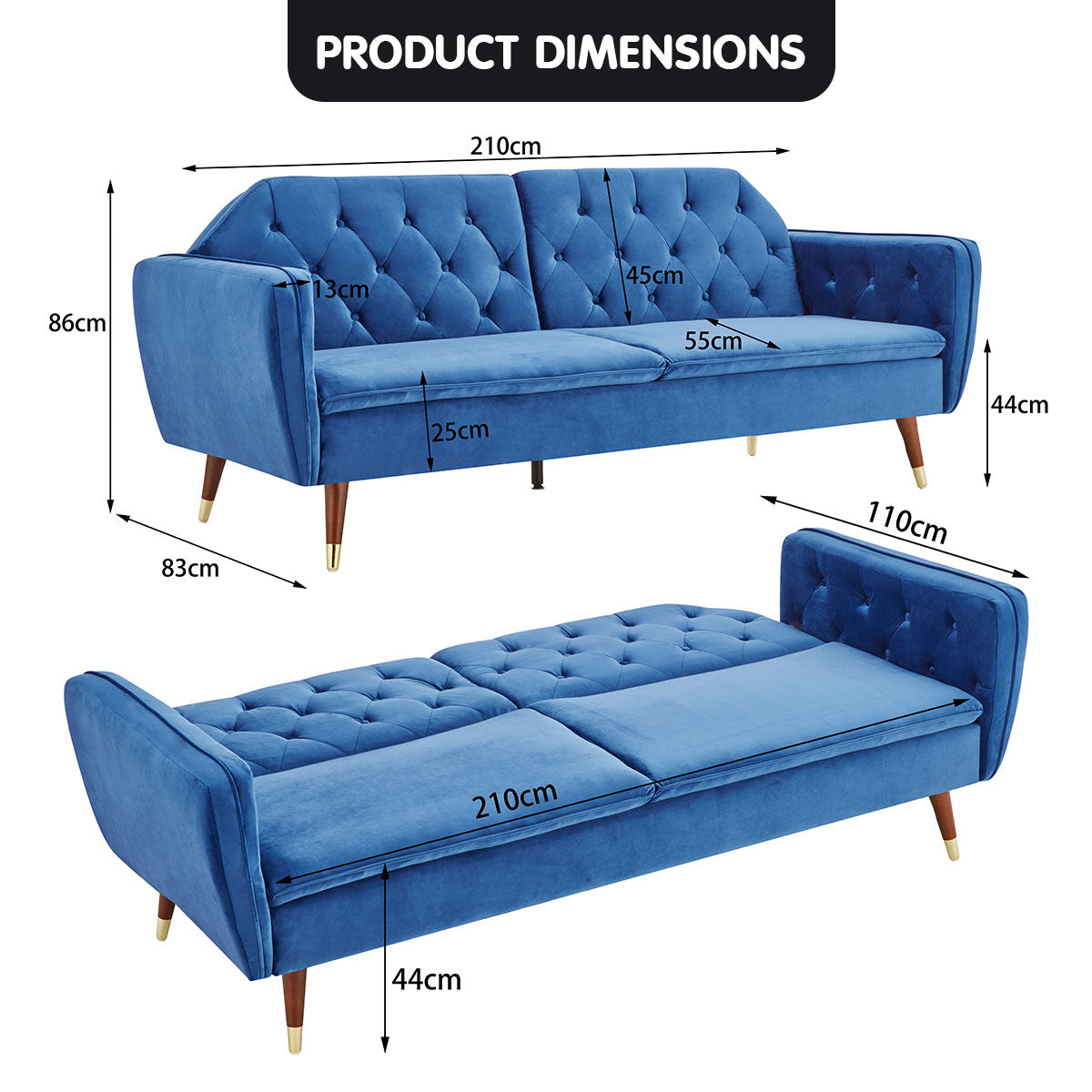 Sarantino Faux Velvet Sofa Bed Couch Furniture Lounge Suite Futon Blue - Cosy Abode