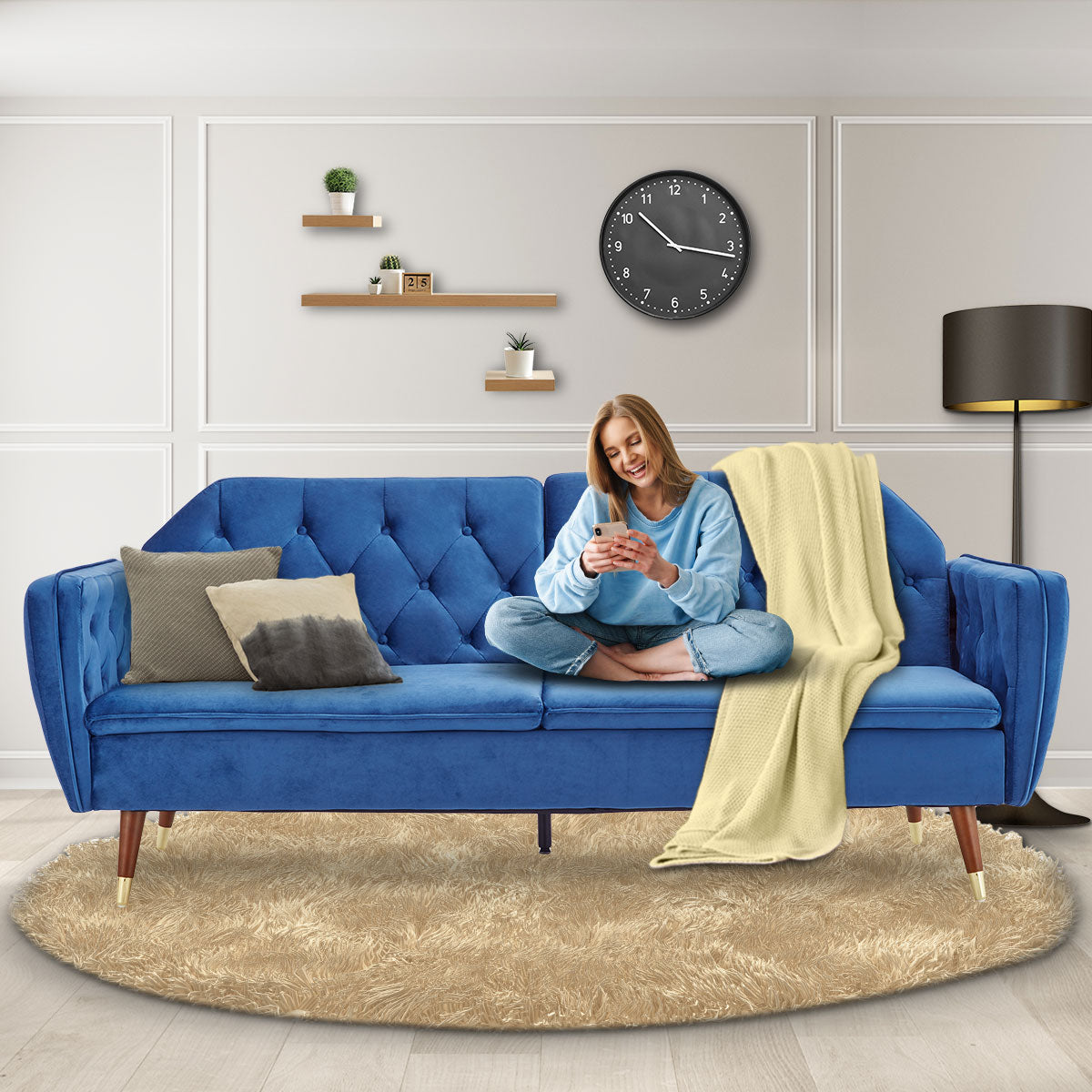 Sarantino Faux Velvet Sofa Bed Couch Furniture Lounge Suite Futon Blue - Cosy Abode