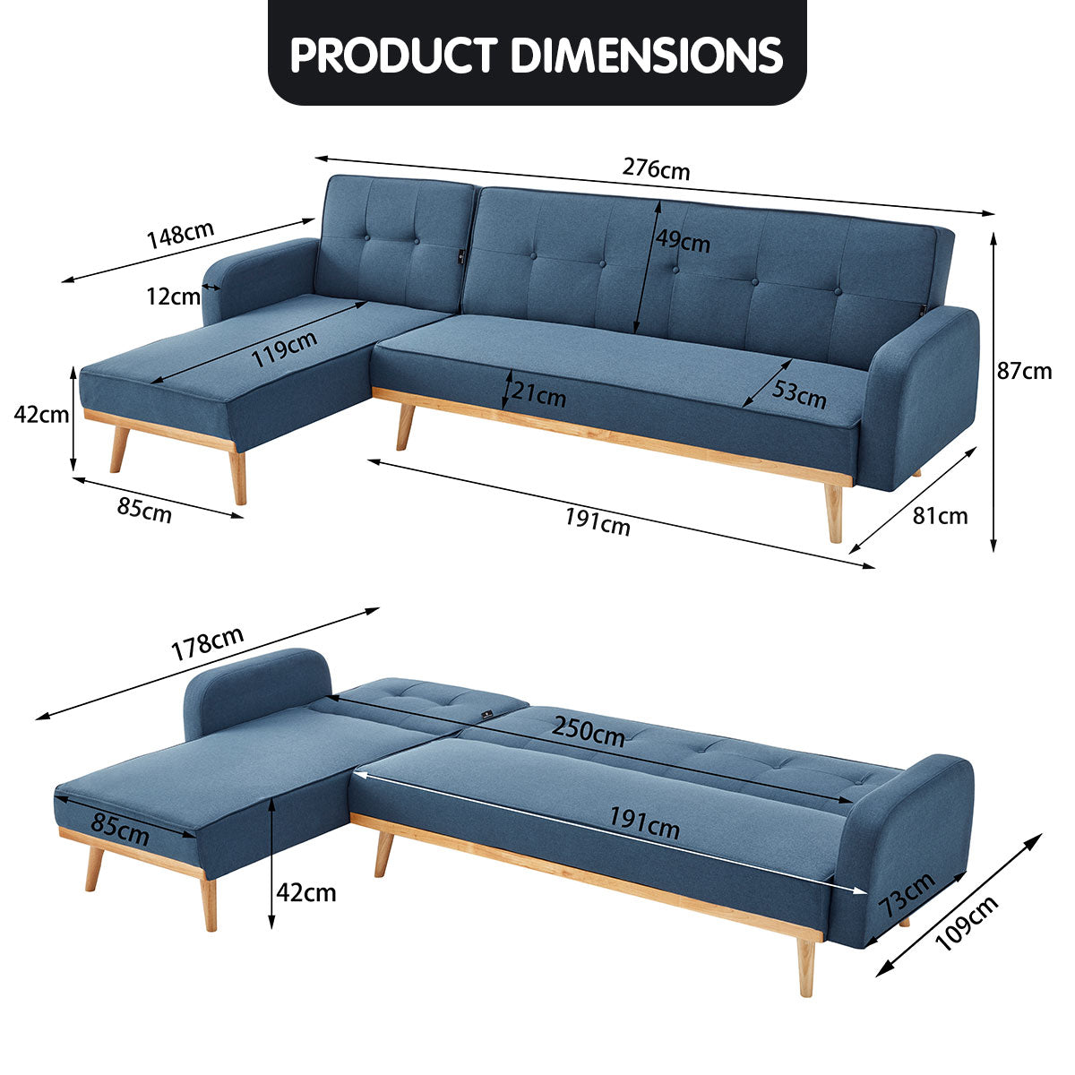 Sarantino 3-Seater Corner Sofa Bed with Chaise Lounge - Blue - Cosy Abode