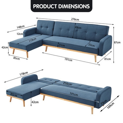 Sarantino 3-Seater Corner Sofa Bed with Chaise Lounge - Blue - Cosy Abode