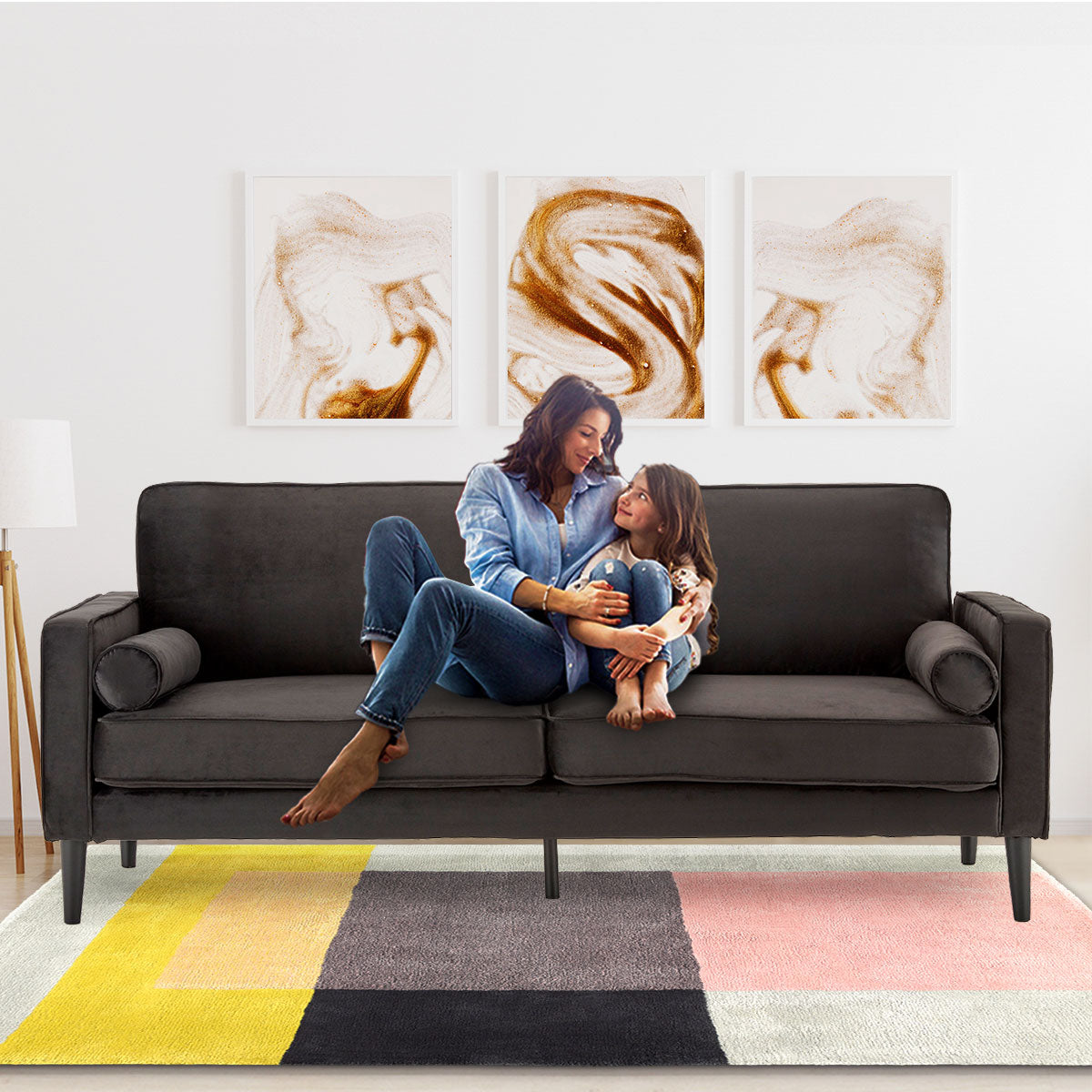 Sarantino Faux Velvet Sofa Bed Couch Furniture Lounge Suite - Black - Cosy Abode