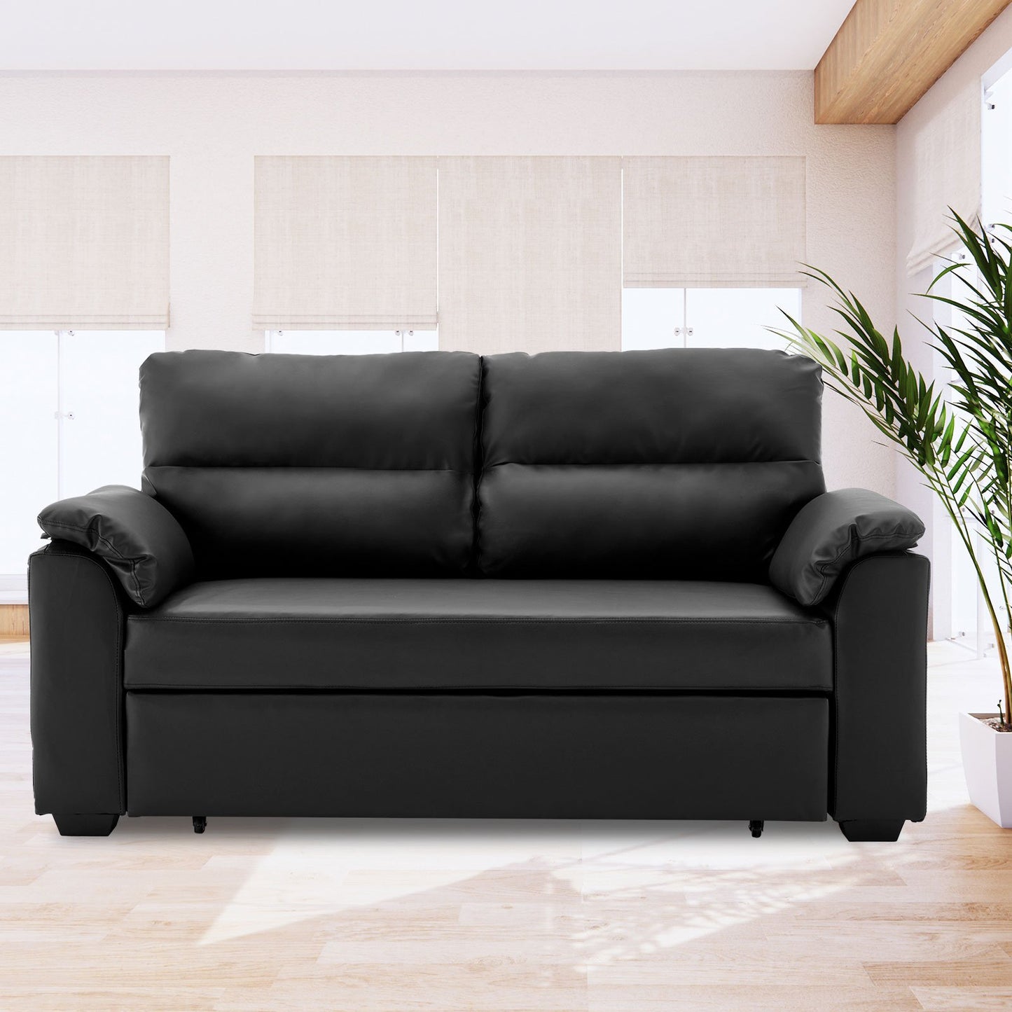Sarantino Faux Leather Sofa Bed Couch Lounge - Black - Cosy Abode