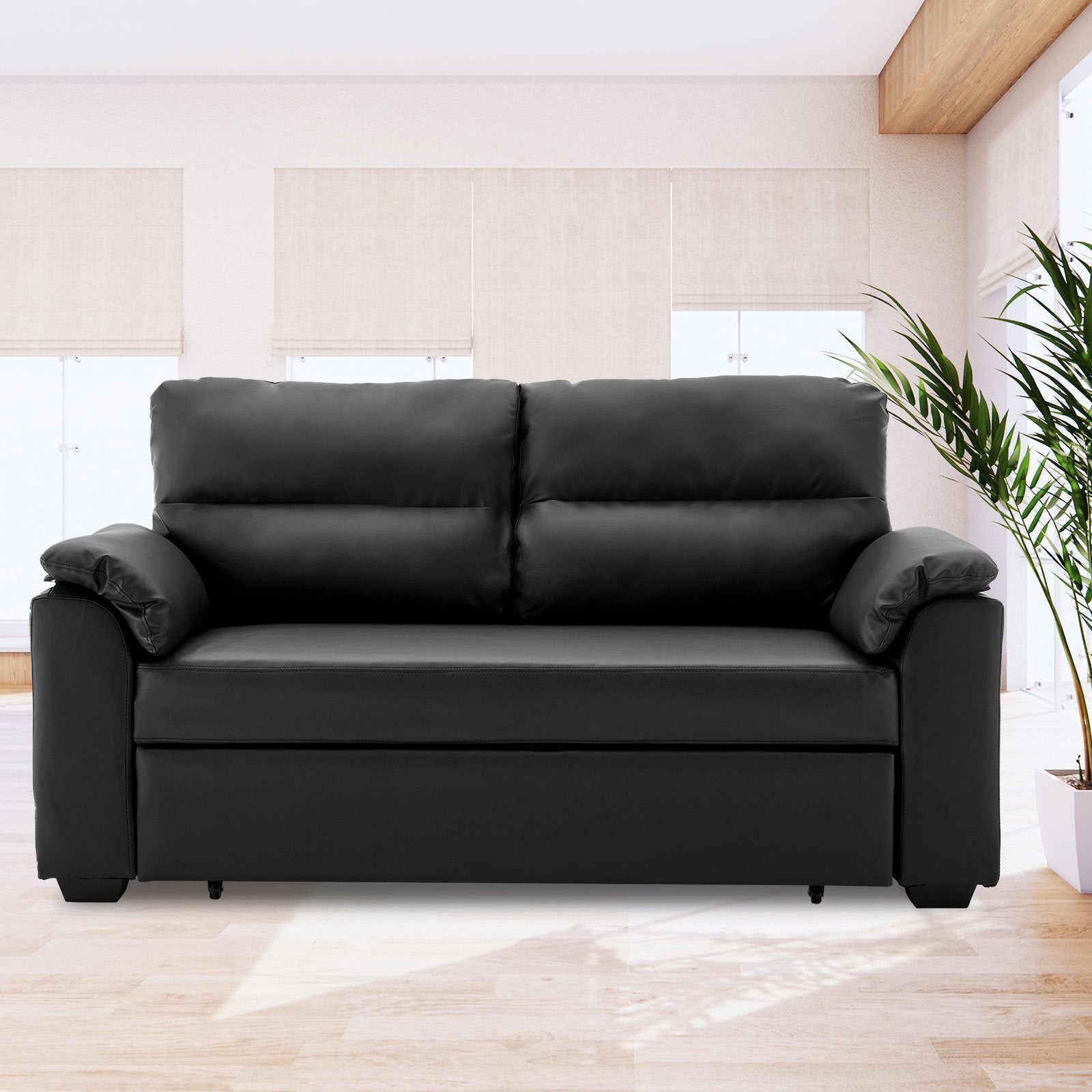 Sarantino Faux Leather Sofa Bed Couch Lounge - Black - Cosy Abode