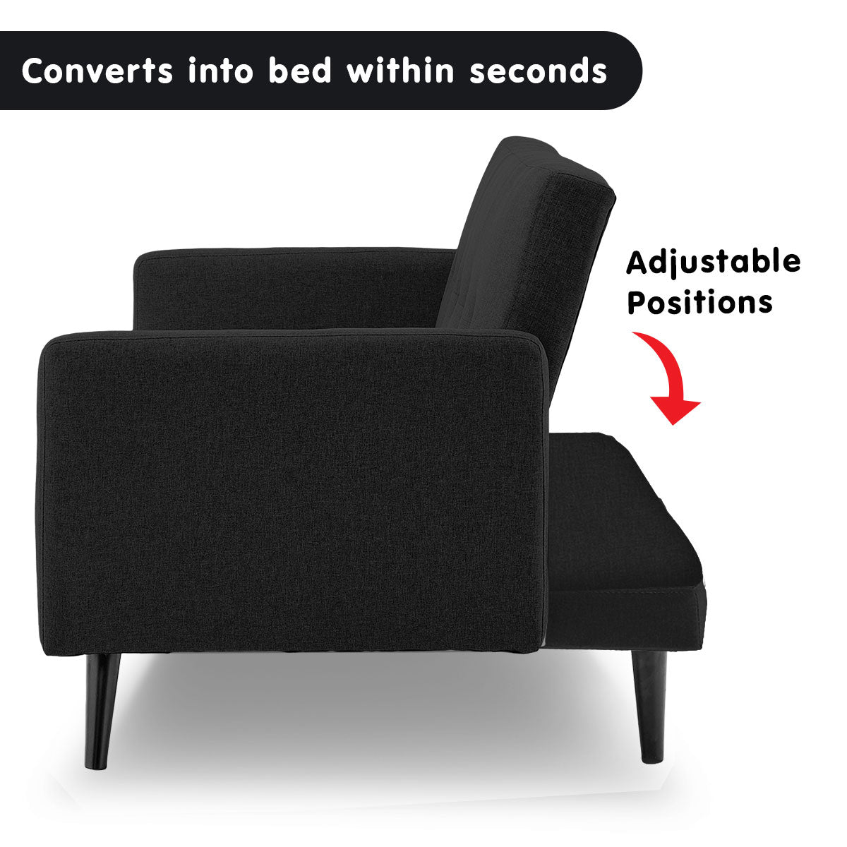 Sarantino Tufted Faux Linen 3-Seater Sofa Bed with Armrests - Black - Cosy Abode