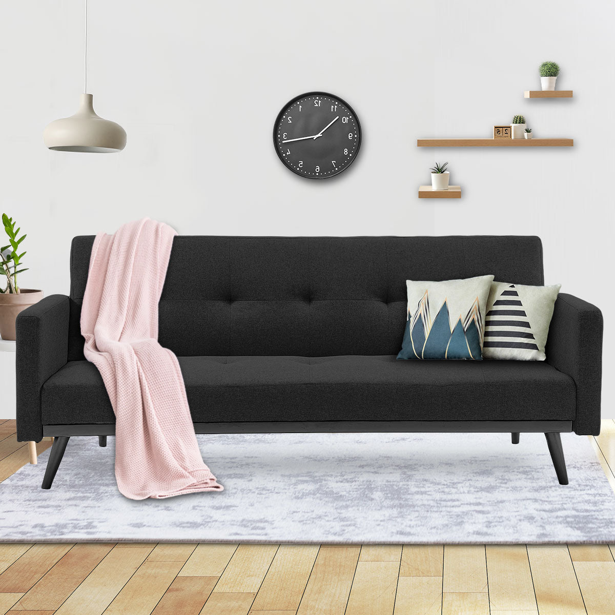 Sarantino Tufted Faux Linen 3-Seater Sofa Bed with Armrests - Black - Cosy Abode