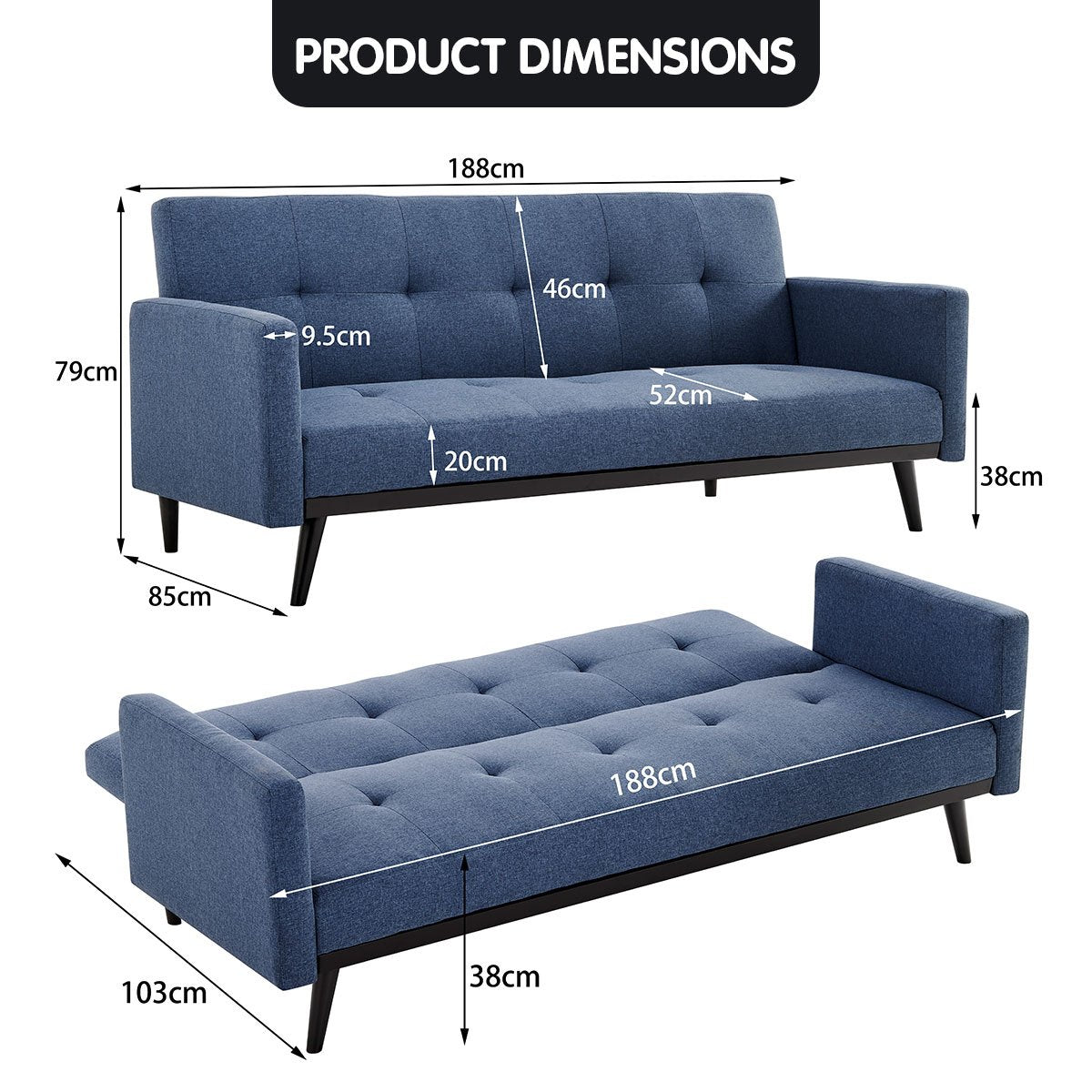 Sarantino Tufted Faux Linen 3-Seater Sofa Bed with Armrests - Blue - Cosy Abode
