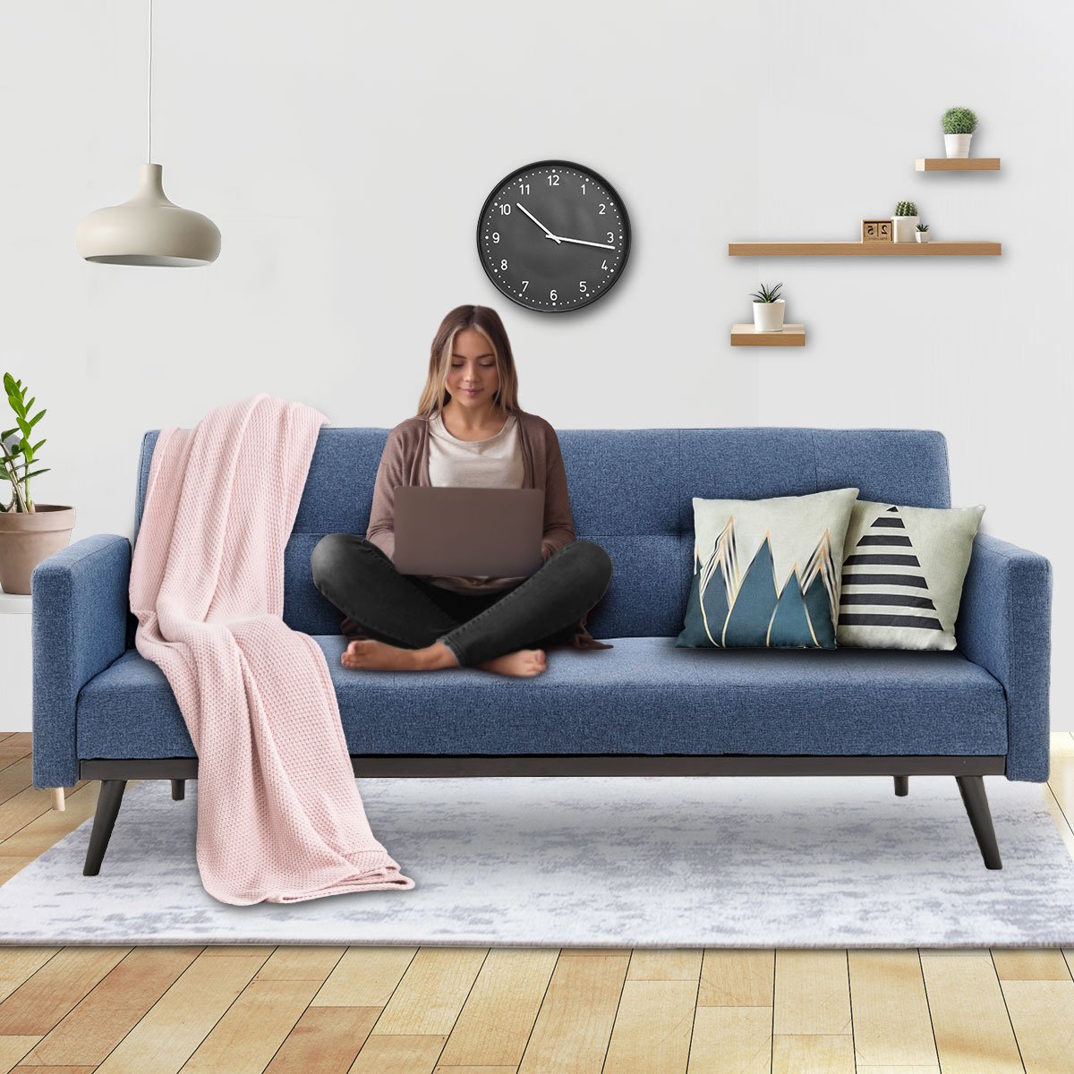 Sarantino Tufted Faux Linen 3-Seater Sofa Bed with Armrests - Blue - Cosy Abode