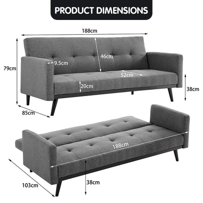 Sarantino Tufted Faux Linen 3-Seater Sofa Bed with Armrests - Light Grey - Cosy Abode