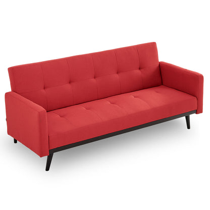 Sarantino Tufted Faux Linen 3-Seater Sofa Bed with Armrests - Red - Cosy Abode