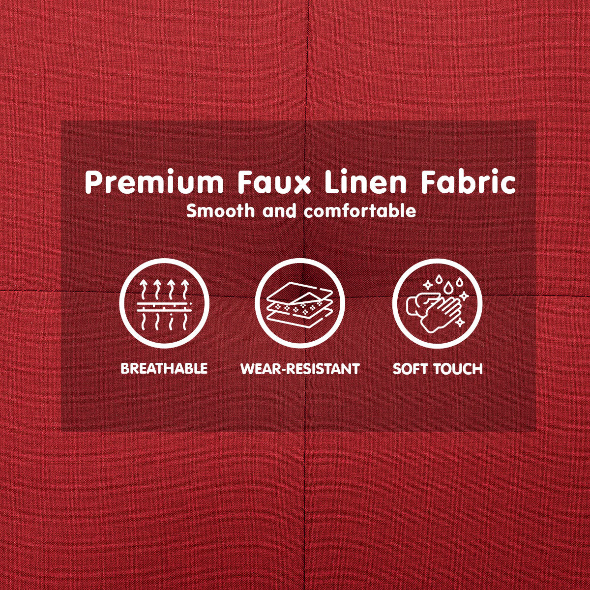 Sarantino Tufted Faux Linen 3-Seater Sofa Bed with Armrests - Red - Cosy Abode