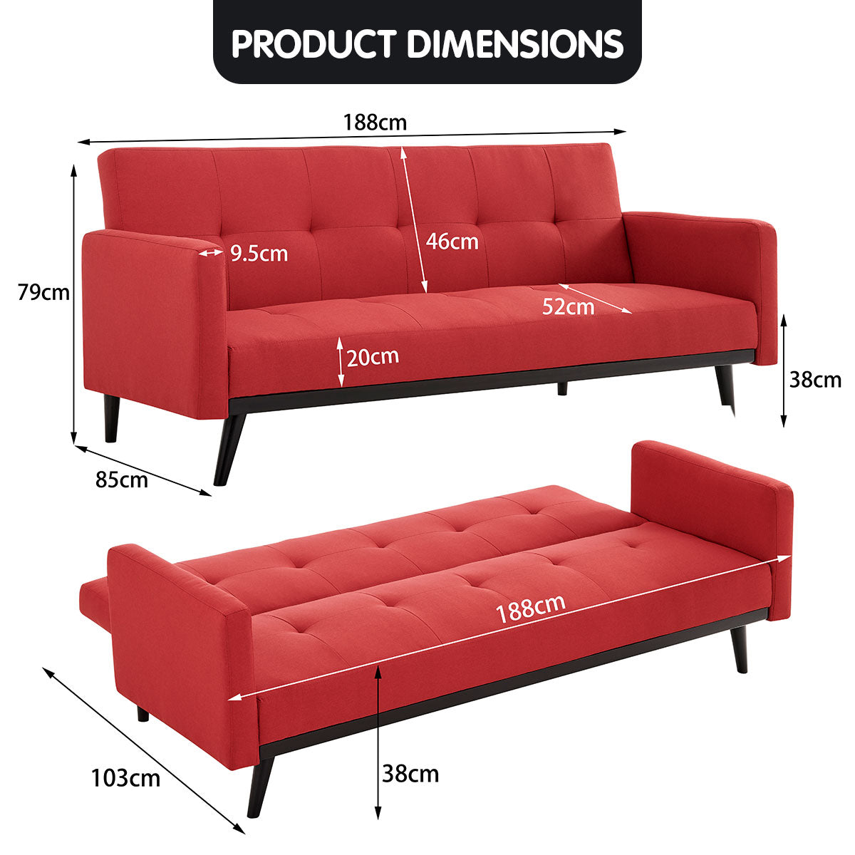 Sarantino Tufted Faux Linen 3-Seater Sofa Bed with Armrests - Red - Cosy Abode