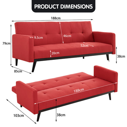 Sarantino Tufted Faux Linen 3-Seater Sofa Bed with Armrests - Red - Cosy Abode