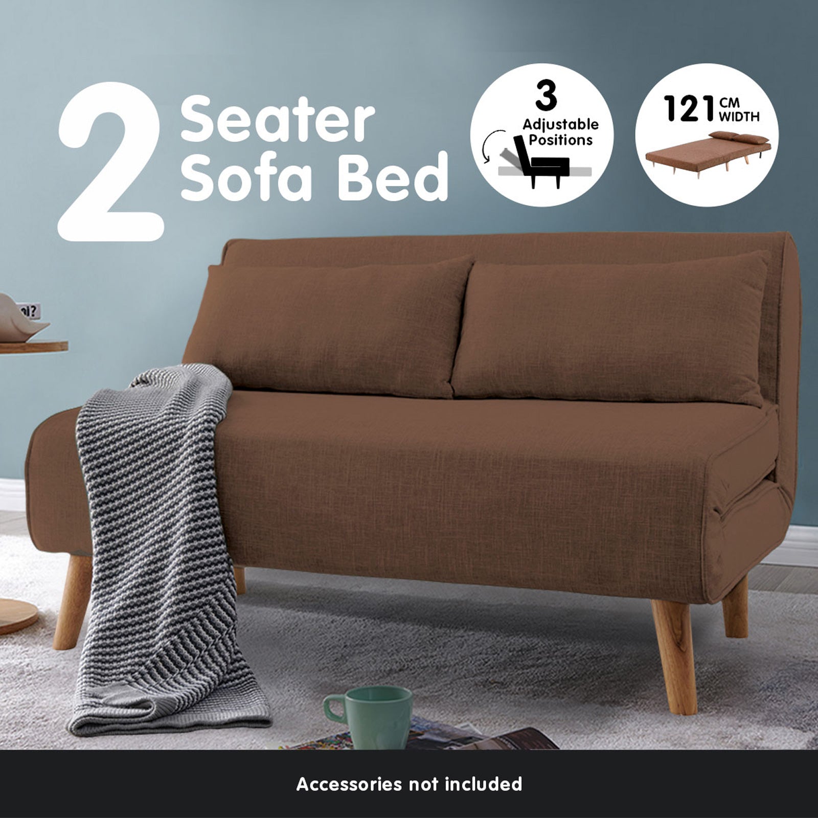 Sarantino 2-Seater Adjustable Sofa Bed Lounge Faux Linen - Brown - Cosy Abode