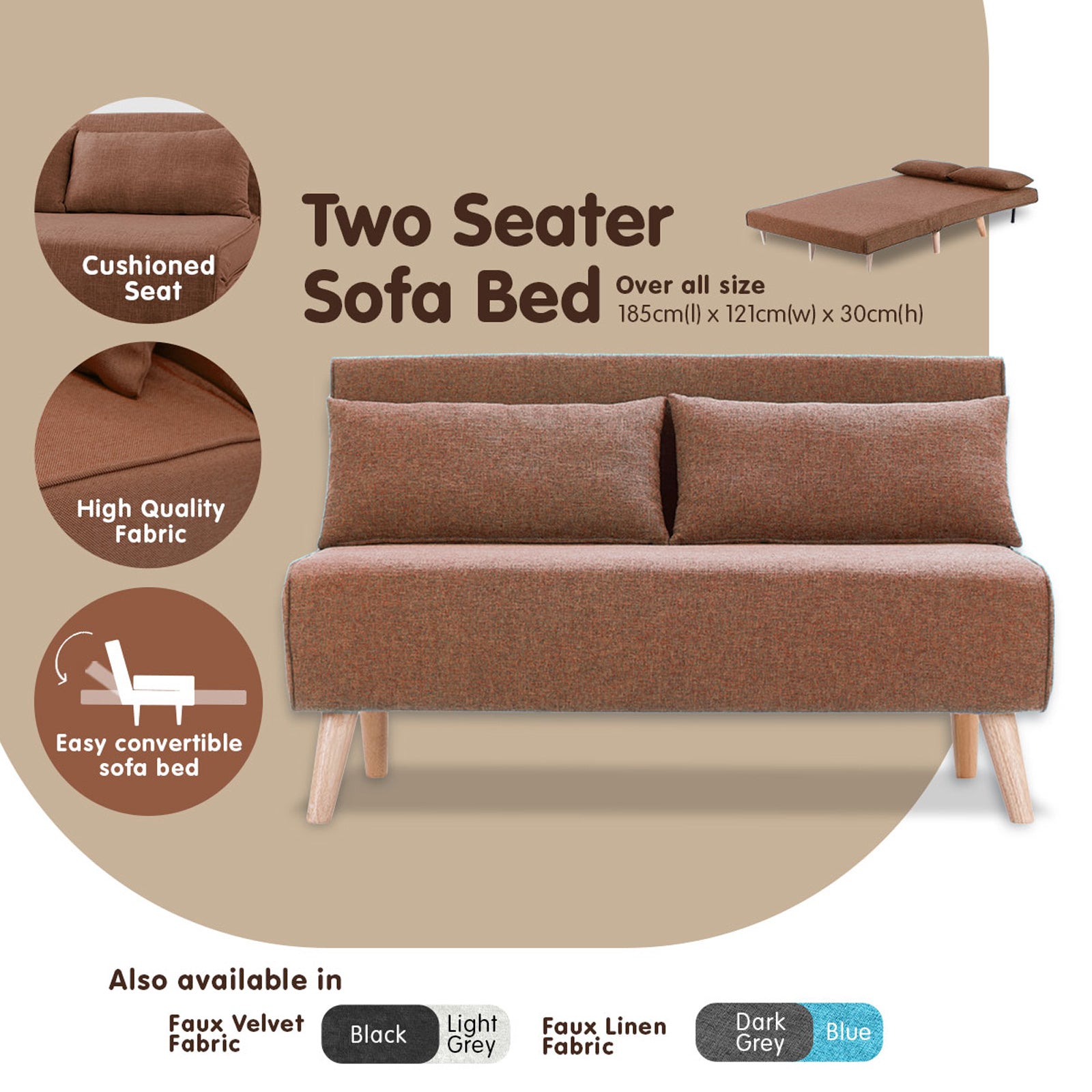 Sarantino 2-Seater Adjustable Sofa Bed Lounge Faux Linen - Brown - Cosy Abode