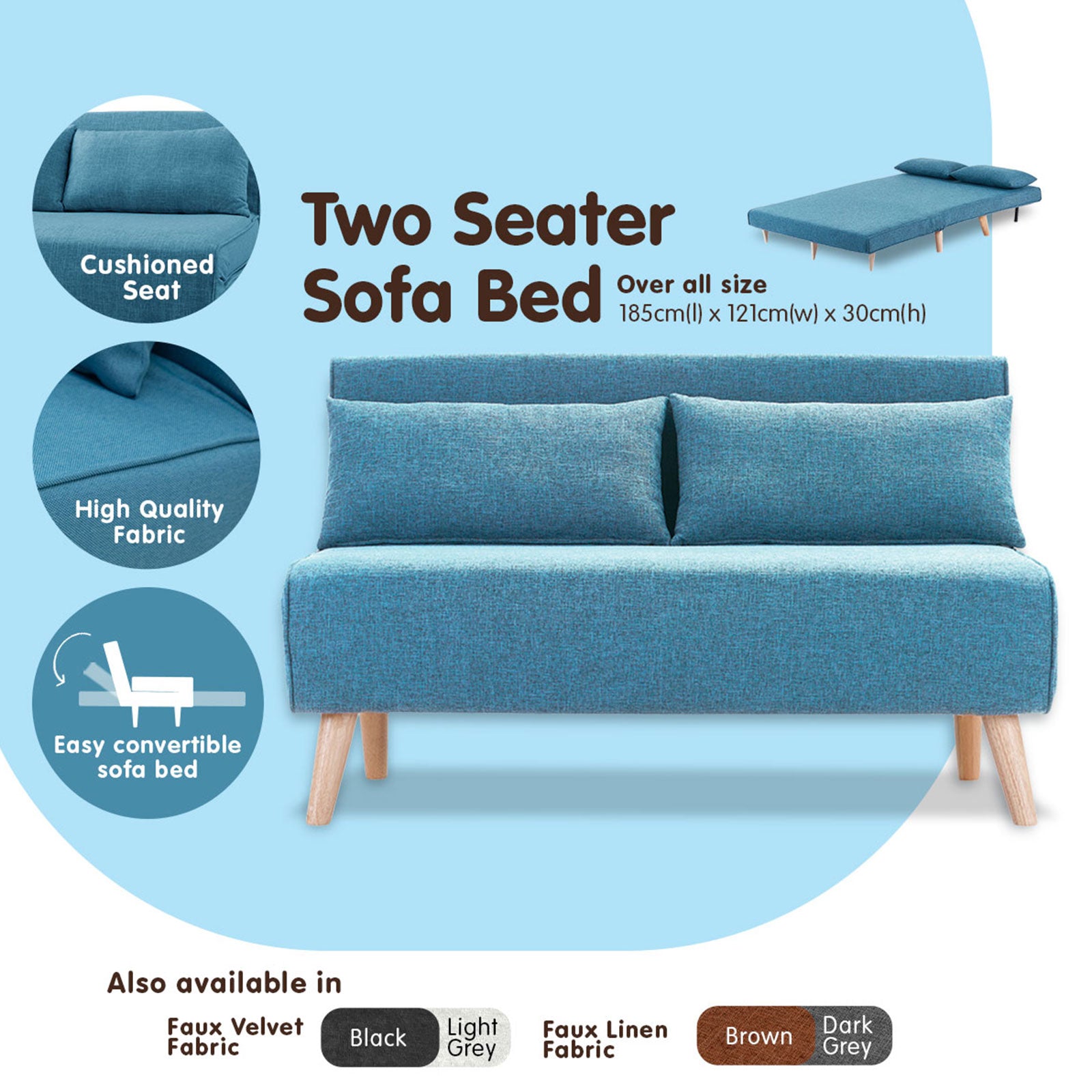 Sarantino Adjustable Corner Sofa 2-Seater Lounge Linen Bed Seat - Blue - Cosy Abode
