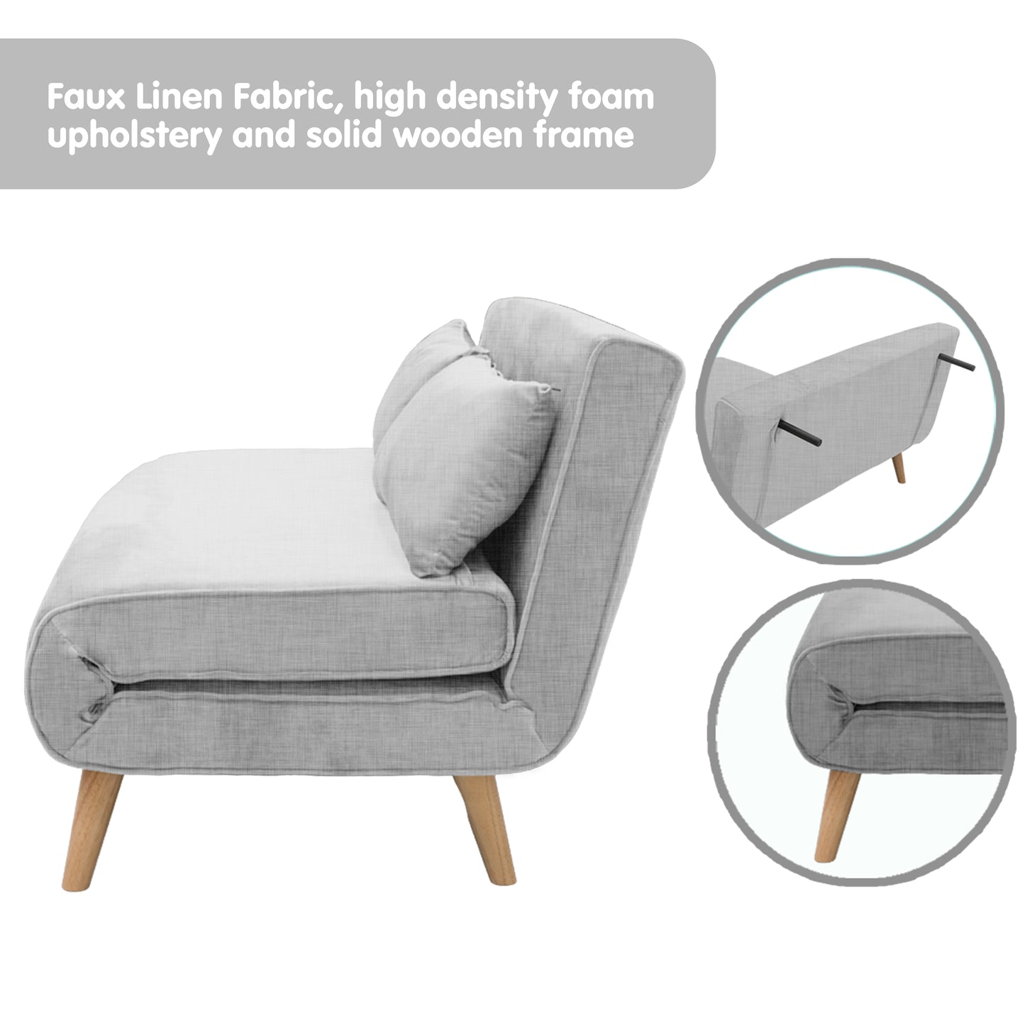 Sarantino 2-Seater Adjustable Sofa Bed Lounge Faux Linen - Grey - Cosy Abode
