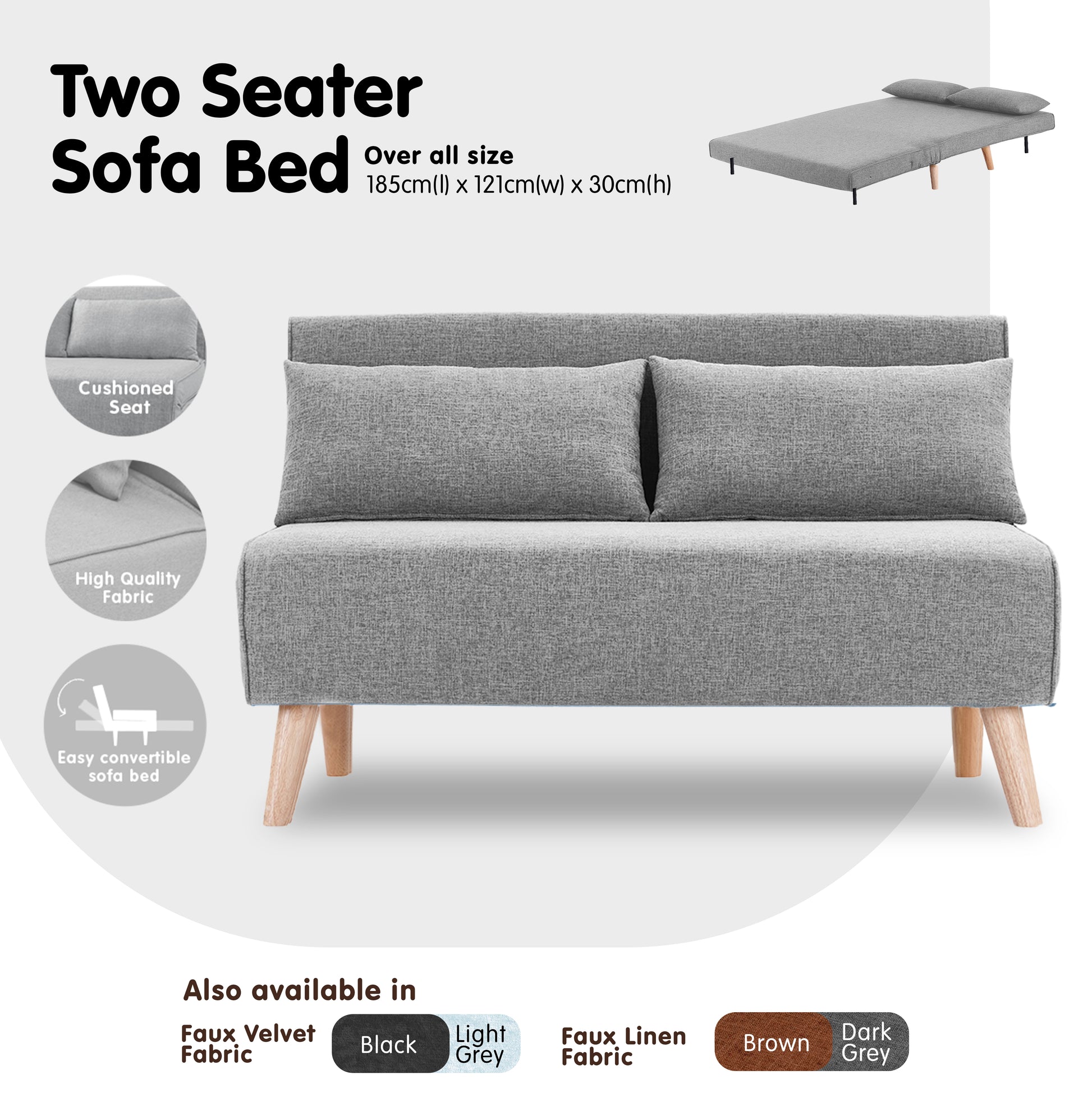 Sarantino 2-Seater Adjustable Sofa Bed Lounge Faux Linen - Grey - Cosy Abode