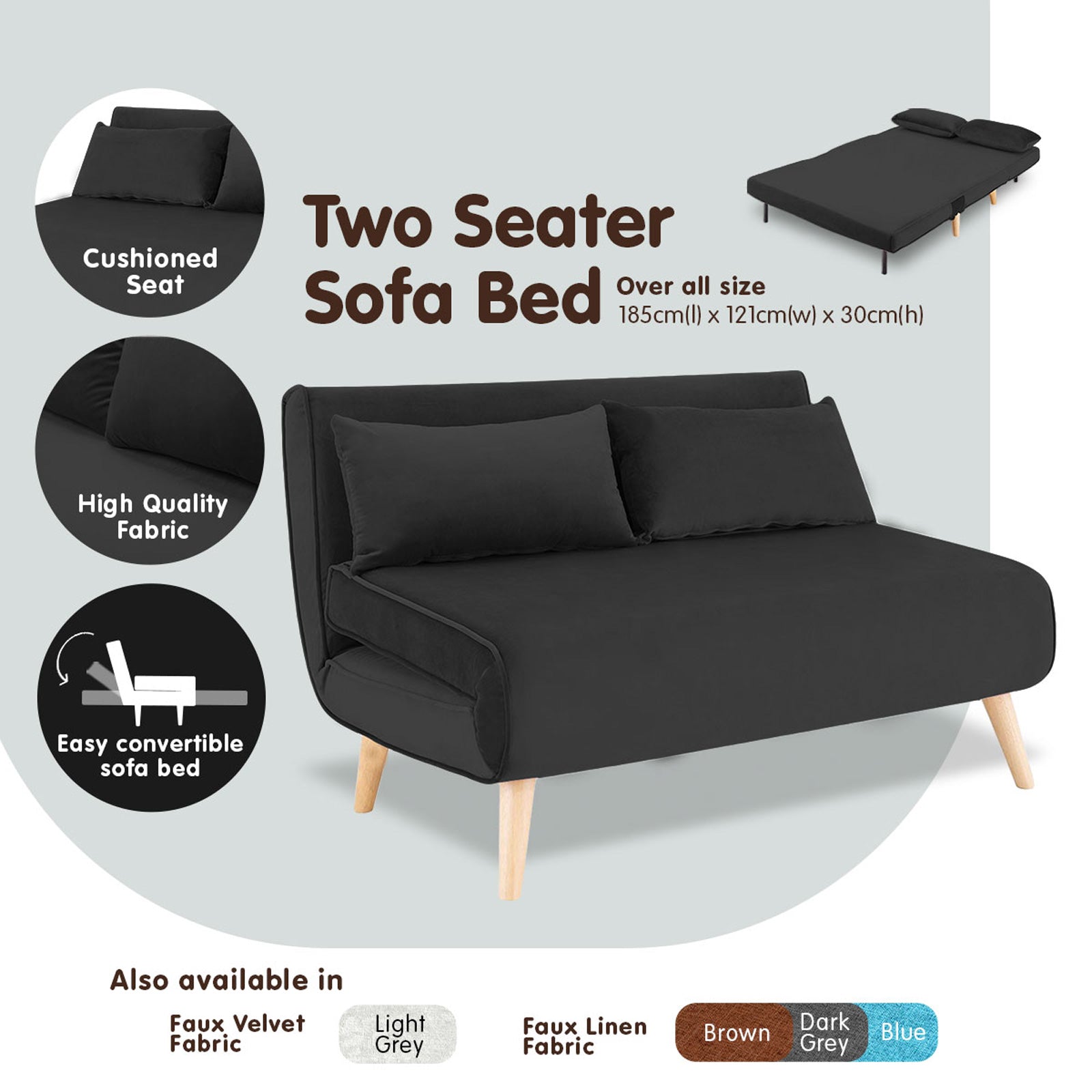 Sarantino 2-Seater Adjustable Sofa Bed Lounge Faux Velvet - Black - Cosy Abode
