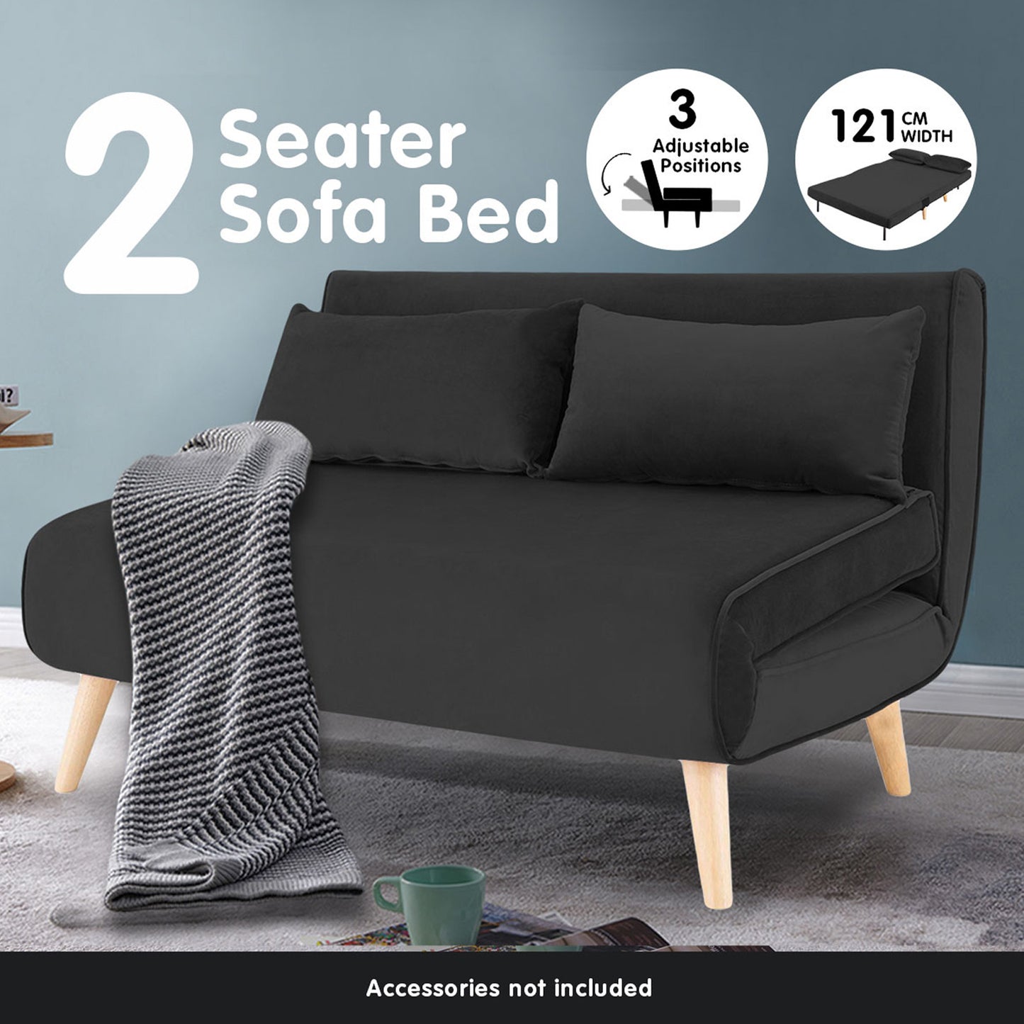 Sarantino 2-Seater Adjustable Sofa Bed Lounge Faux Velvet - Black - Cosy Abode