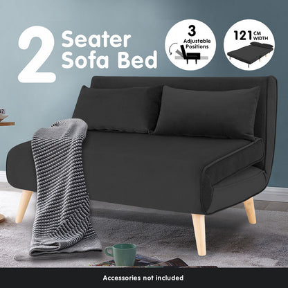 Sarantino 2-Seater Adjustable Sofa Bed Lounge Faux Velvet - Black - Cosy Abode