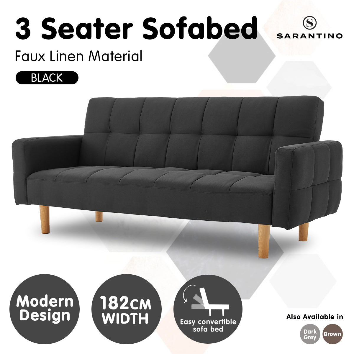 Sarantino 3-Seater Fabric Sofa Bed Futon - Black - Cosy Abode