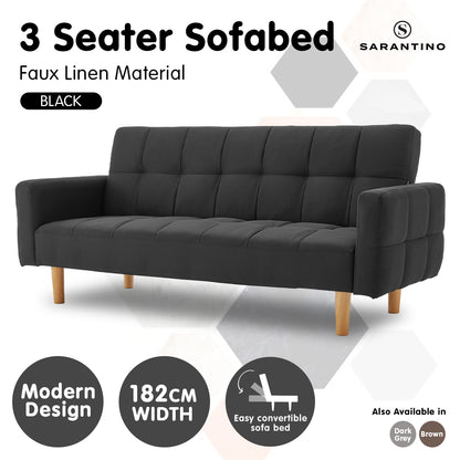 Sarantino 3-Seater Fabric Sofa Bed Futon - Black - Cosy Abode