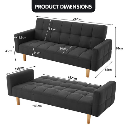 Sarantino 3-Seater Fabric Sofa Bed Futon - Black - Cosy Abode