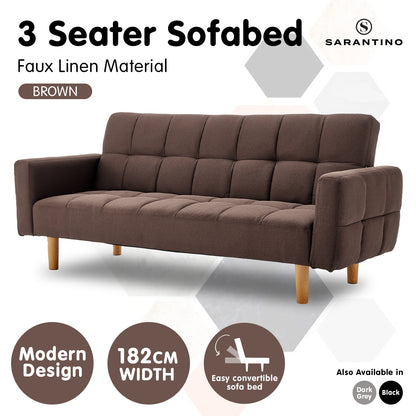 Sarantino 3-Seater Fabric Sofa Bed Futon - Brown - Cosy Abode
